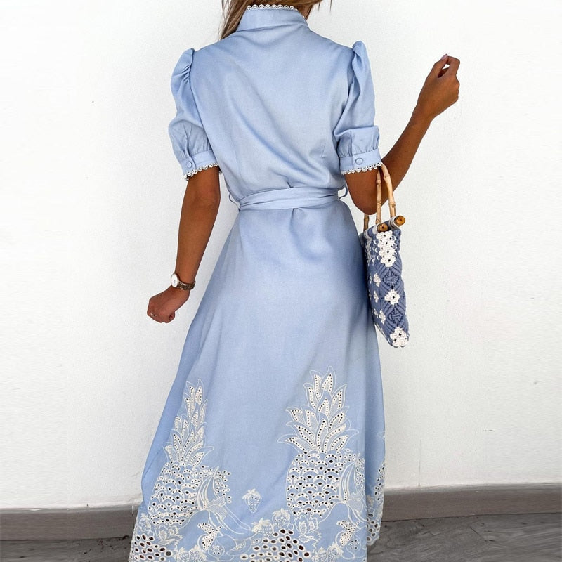 Levoire | Robe Bleue Avec Tissu Et Ceinture