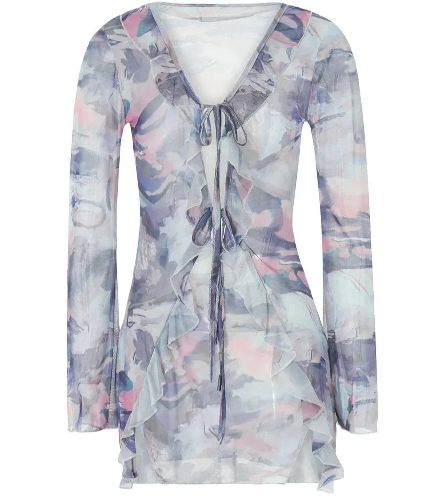 Levoire | Robe Mini À Manches Longues Avec Volants Et Motif Batik Bleu marine