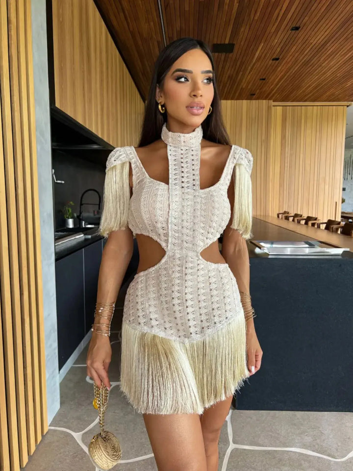 Levoire | Robe Mini/Longue À Col Cheminée Tricotée Frangée