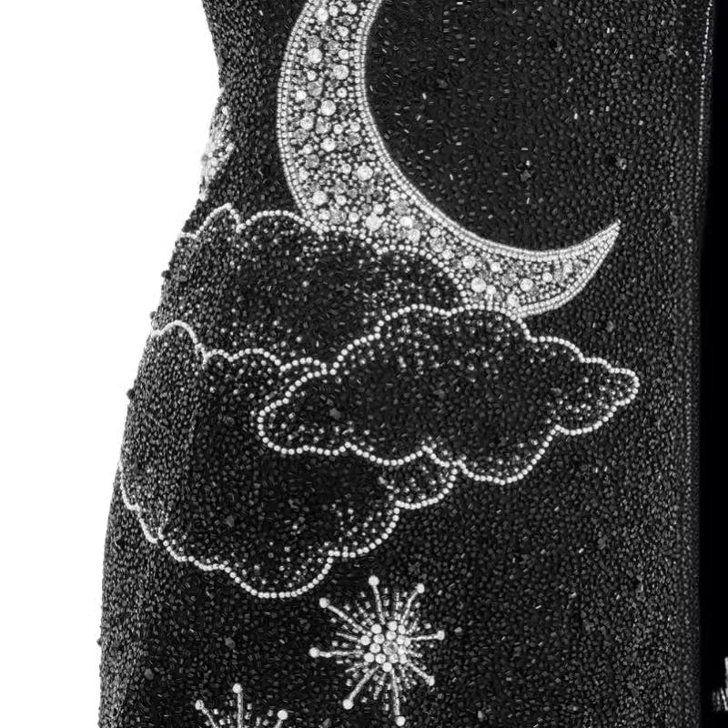 Levoire | Sparkle Ibiza Robe Mini Brodée Noir Nuit Argent Fente Latérale