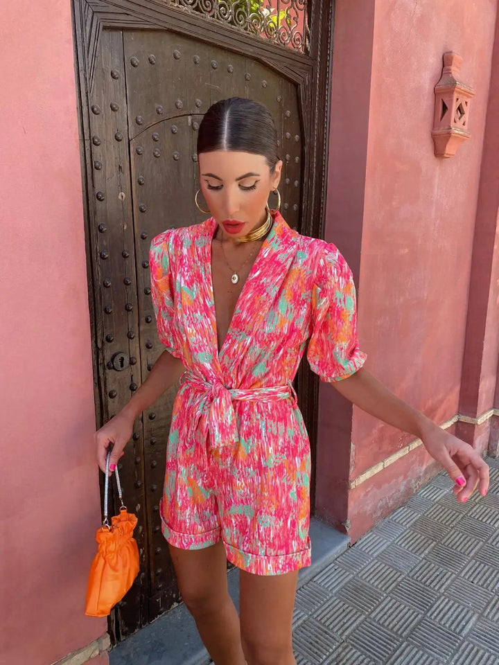 Levoire | Manches Courtes, Fendu, Combinaison Imprimée À Taille Haute Rosa