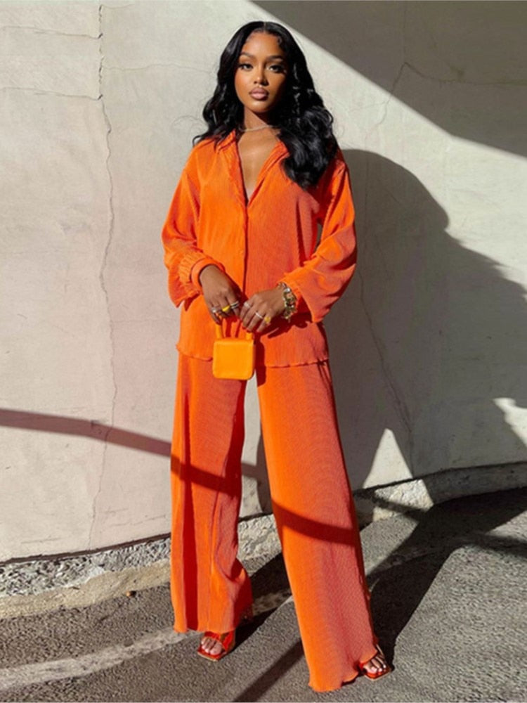 Levoire | Chemisier À Manches Longues Et Pantalon Large - Ensemble Élégant À Deux Pièces Pour Femmes Orange