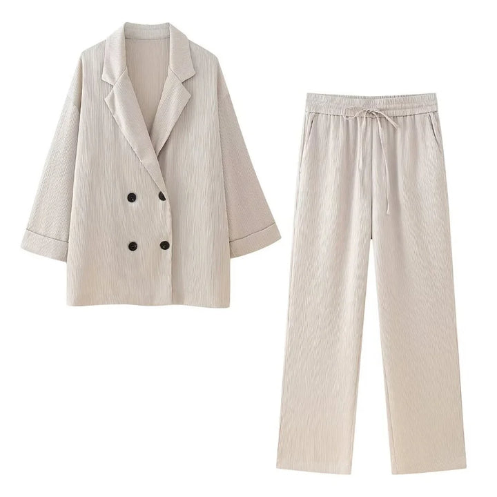 Levoire | Blouse Élégante En Soie Douce À Double Boutonnage Et Ensemble De Pantalon Ample Blanc cassé