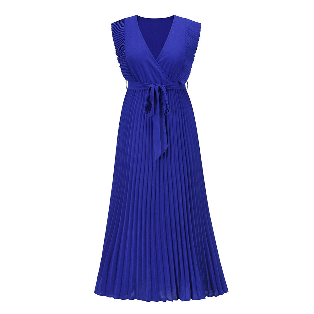 Levoire | Robe Été Sans Manches V-Cou Maxi Plissée Ceinture Bleu