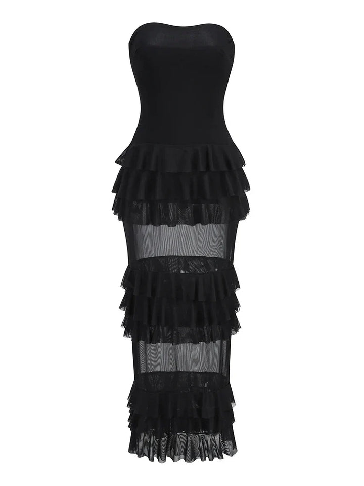 Levoire | Robe Longue Sexy Sans Bretelles Rü Schenschichtungen Patchwork noir