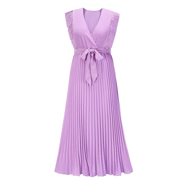 Levoire | Robe Été Sans Manches V-Cou Maxi Plissée Ceinture Violet