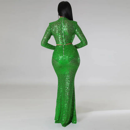 Levoire | Crop Top À Col Rond Pailleté & Ensemble Jupe Maxi