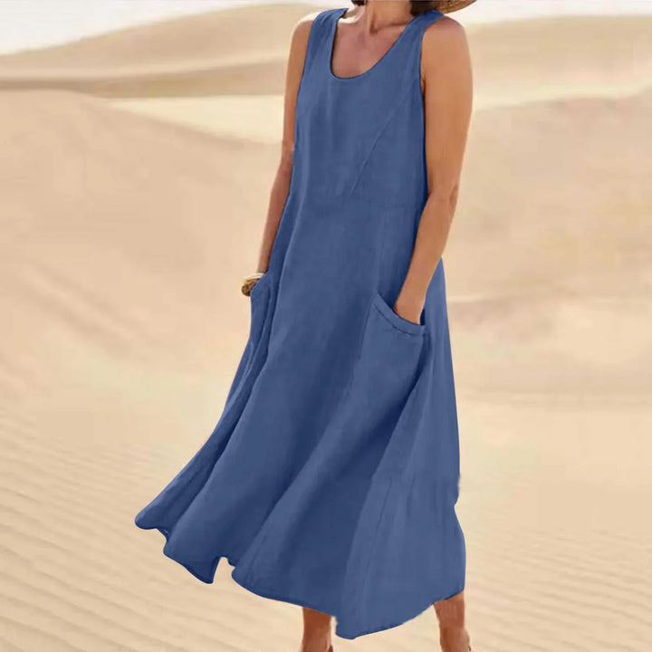 Levoire | Robe En Lin Sans Manches Avec Poches Pour Femmes Bleu