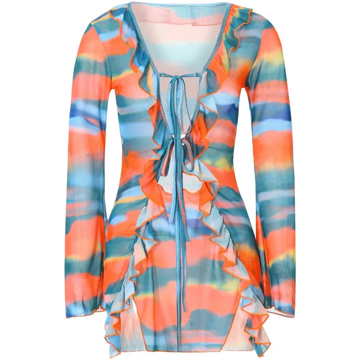 Levoire | Robe Mini À Manches Longues Avec Volants En Design Batik Orange