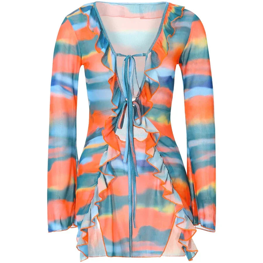 Levoire | Robe Mini À Manches Longues Batik Avec Volants Pour Un Look Estival Orange