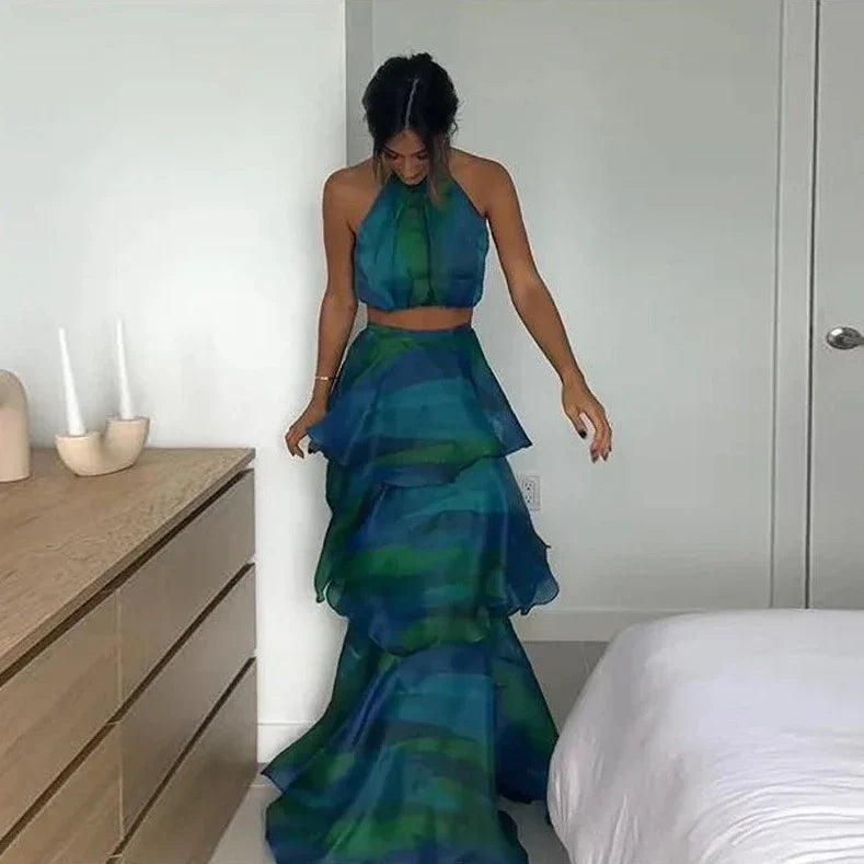 Levoire | Printed Bandeau Crop Top & Long Ruched Hem Set