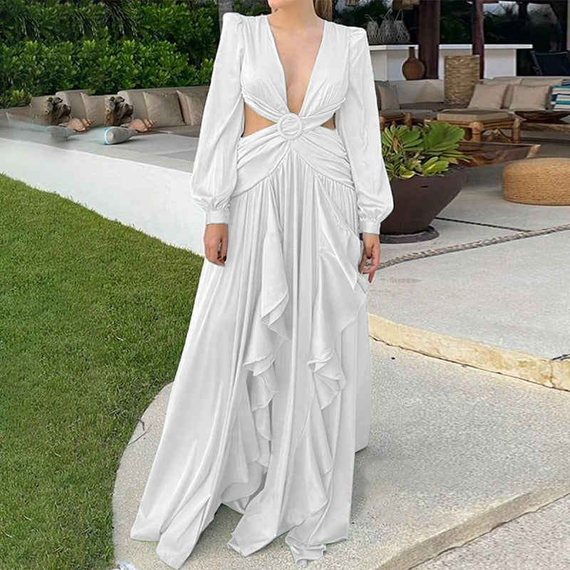 Levoire | Huleplissé Volant Manches Longues Robes Maxi Blanc