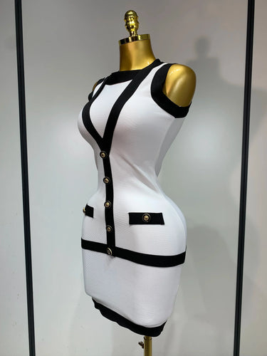 Levoire | Sexy Dos Nu Noir Blanc Bouton Mini Bandage Robe Courte