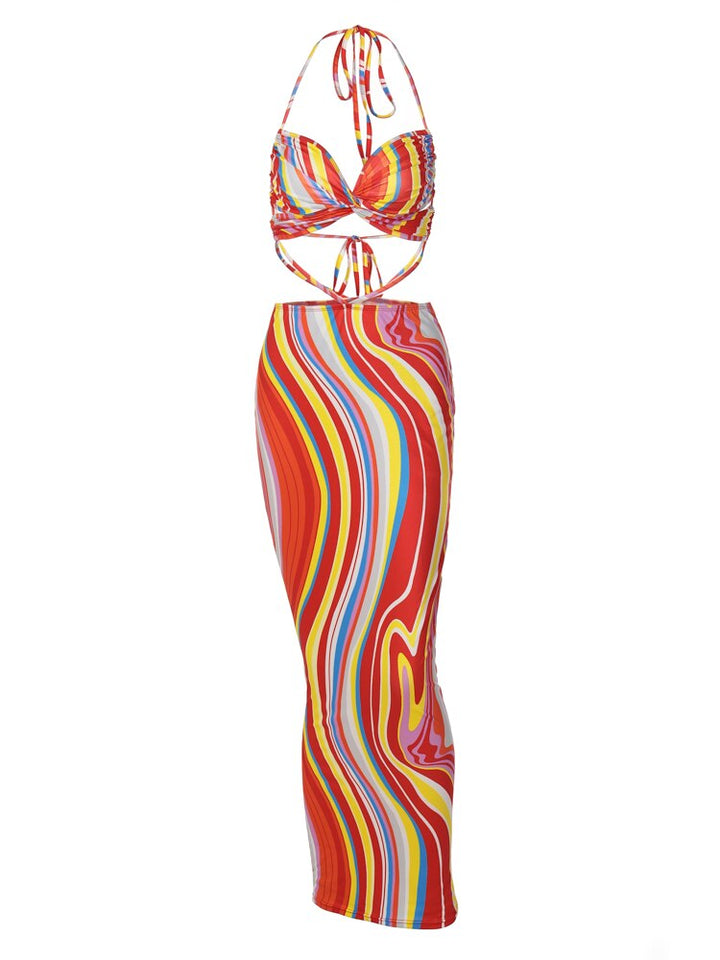 Levoire | Crop Haut Col Imprimé Bodycon Long Robe