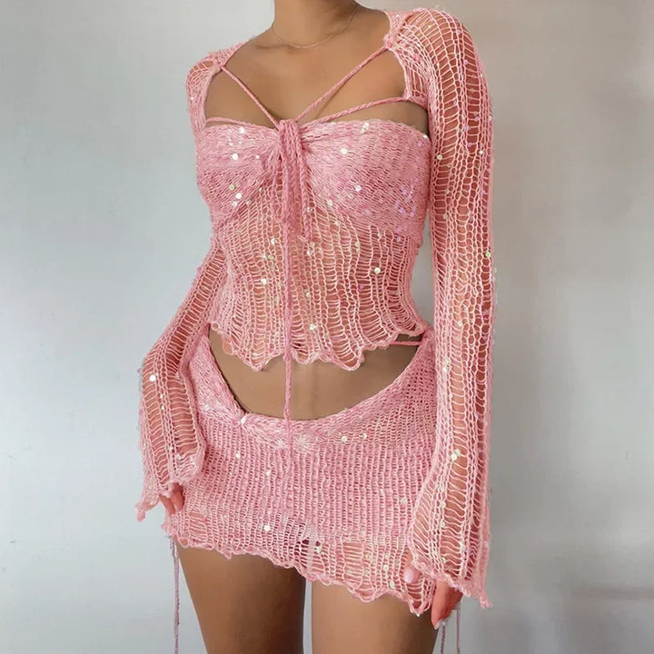 Levoire | Crochet Tricot Sequins Jupe Et Top Court Ensemble