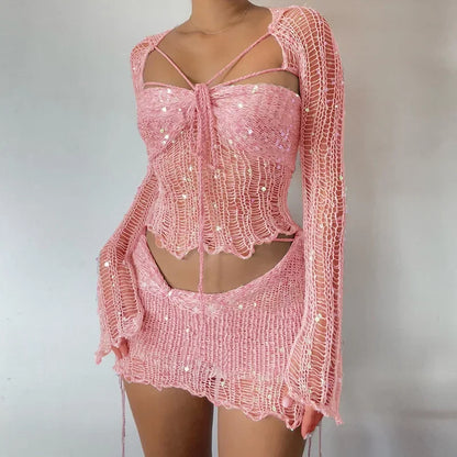 Levoire | Paillettes Crochet Tricot Manches Longues Crop Top Jupe Mini Coord Ensemble Rosa