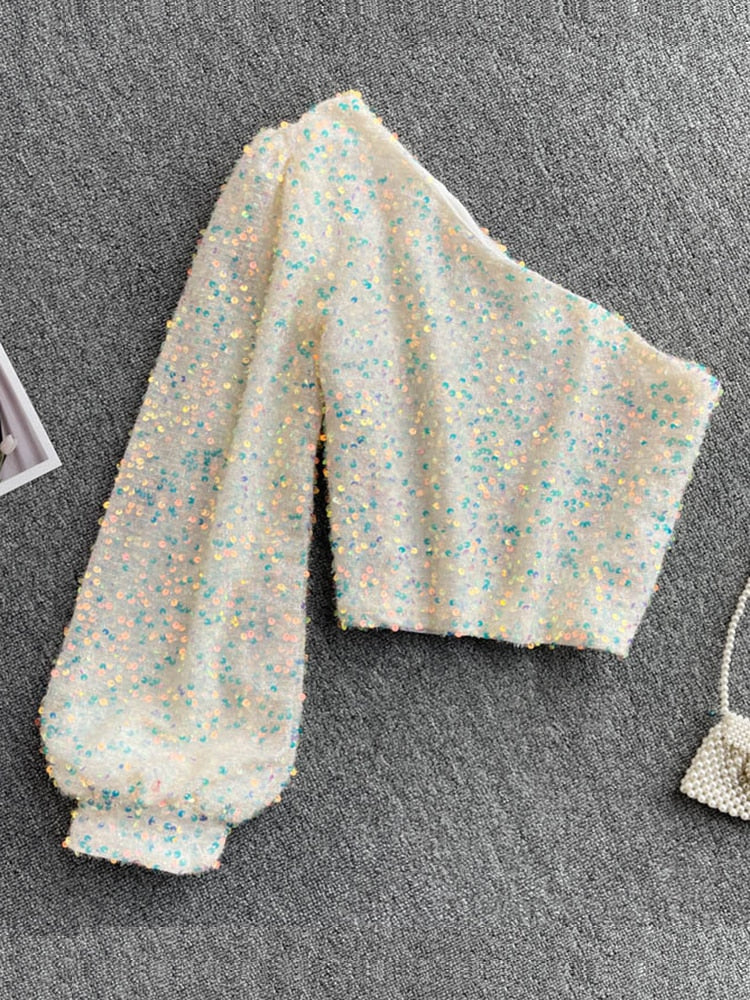 Levoire | Top À Une Épaule Pailleté blanc Une taille (S-L)