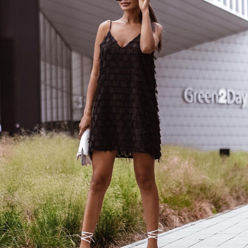 Levoire | Mini Robe Avec Franges Taille Haute Printemps Été Noir