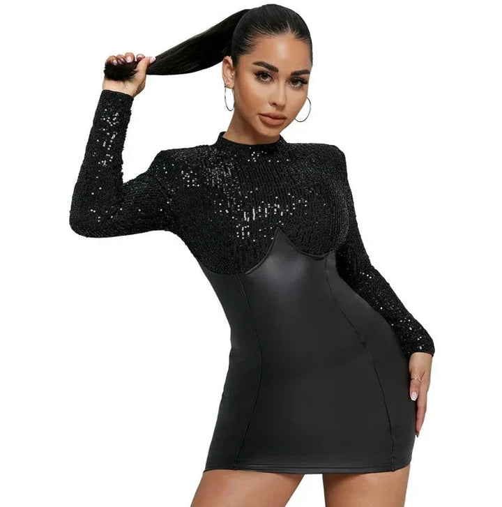Levoire | Jupe En Pvc À Paillettes Taille Haute Robe Mini À Manches Longues
