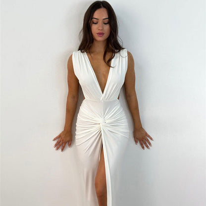 Levoire | Robe Maxi À Poches Ruchées En V Avec Fente Haute Blanc
