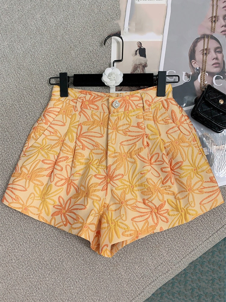 Levoire | Motif Floral Couleur Contrastante Court Jaune