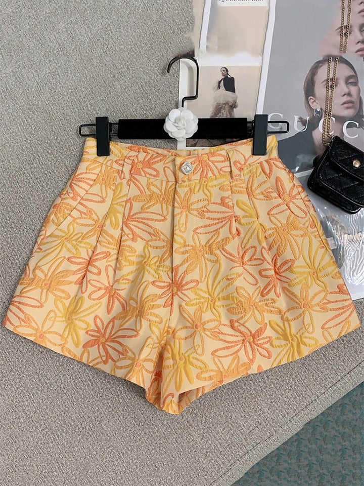 Levoire | Motif Floral Couleur Contrastante Court Jaune