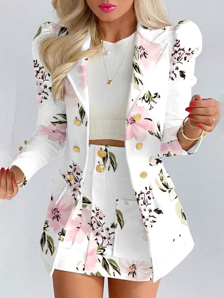 Levoire | Ensemble 2 Pièces | Blazer + Jupe Fleurs blanches