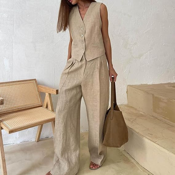 Levoire | Pantalon Et Gilet Sans Manches Pantalon À Jambe Large Ensemble Pour Femme À Deux Pièces