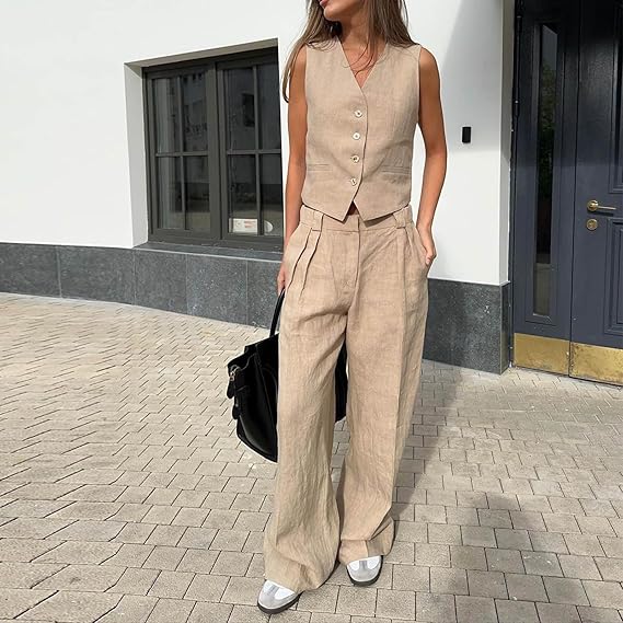 Levoire | Pantalon Et Gilet Sans Manches Pantalon À Jambe Large Ensemble Pour Femme À Deux Pièces Beige