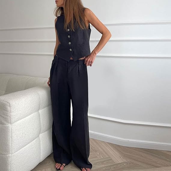 Levoire | Pantalon Et Gilet Sans Manches Pantalon À Jambe Large Ensemble Pour Femme À Deux Pièces Noir