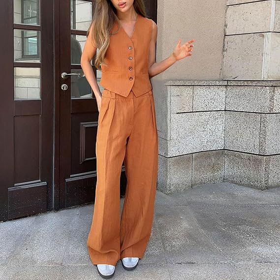Levoire | Pantalon Et Gilet Sans Manches Pantalon À Jambe Large Ensemble Pour Femme À Deux Pièces Braun