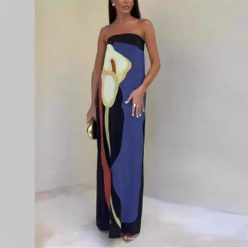 Levoire | Robe Maxi Imprimé Avocat Off-Shoulder Robe D'Été Pour Femmes Bleu