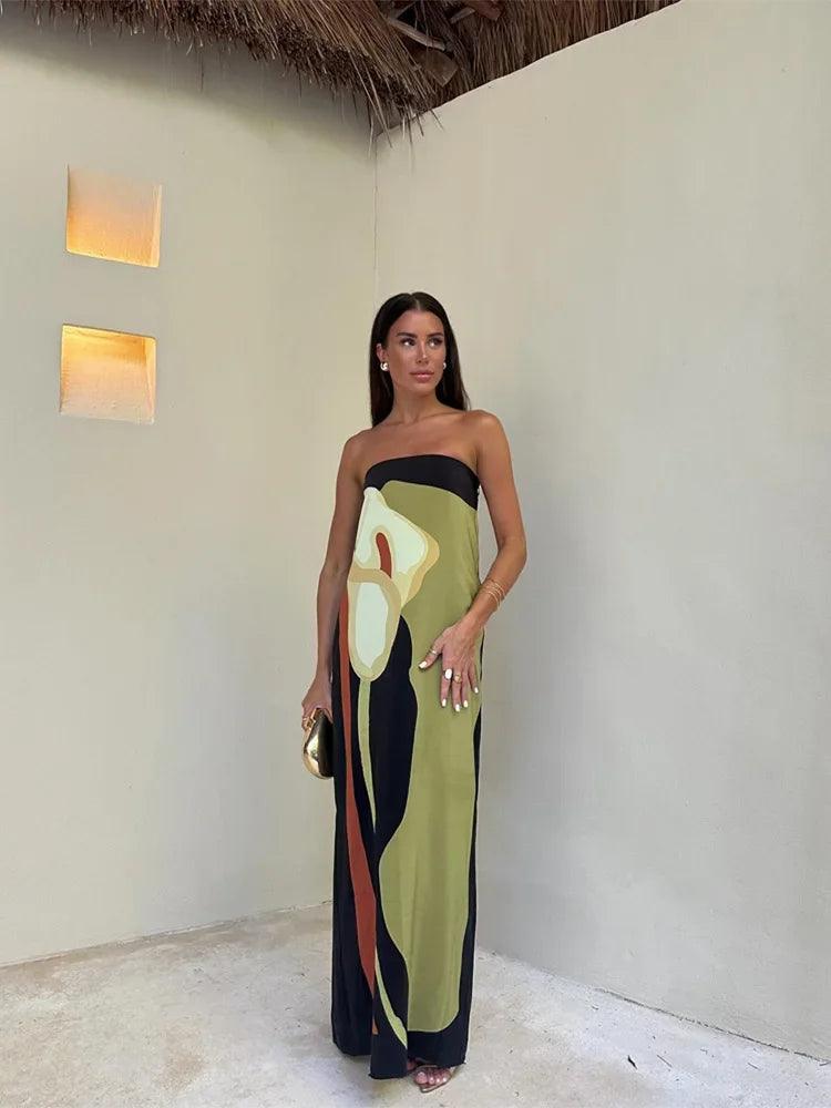 Levoire | Robe Maxi Imprimé Avocat Off-Shoulder Robe D'Été Pour Femmes Vert
