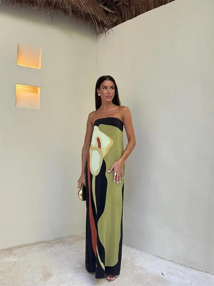 Levoire | Robe Maxi Imprimé Avocat Off-Shoulder Robe D'Été Pour Femmes Vert