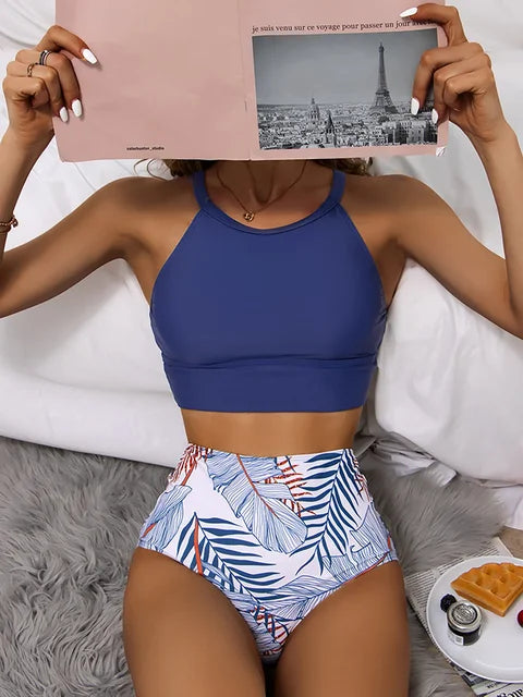 Levoire | Ensemble De Bikini Femme Taille Haute Avec Design Tropical Bleu