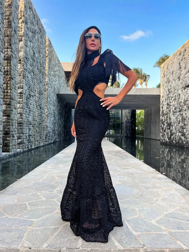 Levoire | Robe Mini/Longue À Col Cheminée Tricotée Frangée Noir Long