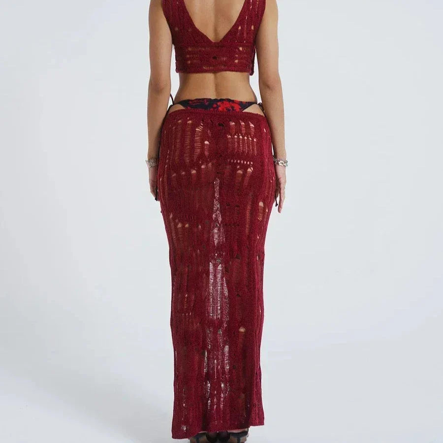 Levoire | Ensemble De Bikini Cover Up 2 Pièces Top Court Tricoté Et Jupe Longue À Taille Basse Élastique