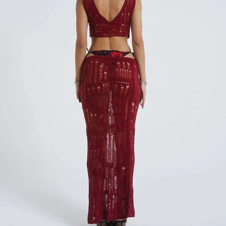 Levoire | Ensemble De Bikini Cover Up 2 Pièces Top Court Tricoté Et Jupe Longue À Taille Basse Élastique