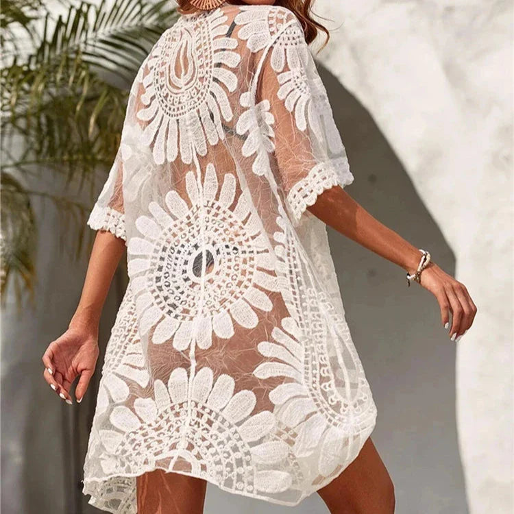 Levoire | Kimono Robe De Plage Avec Fleurs Brodées Blanc Universel