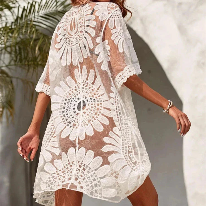 Levoire | Kimono Robe De Plage Avec Fleurs Brodées Blanc Universel