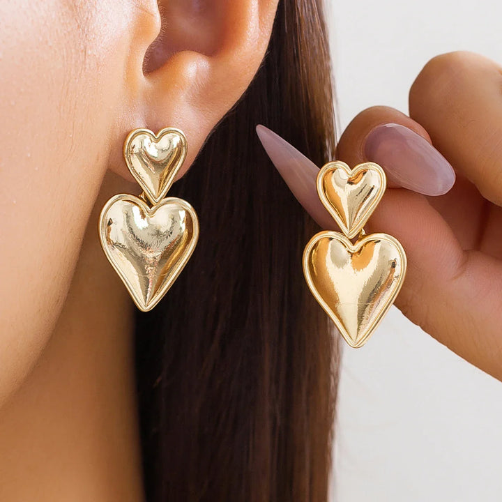 Levoire | Boucles D'Oreilles Pendantes À Double Cœur Élégantes Pour Femmes Or
