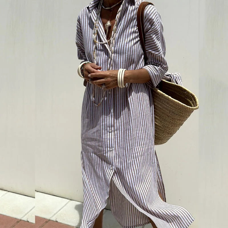 Levoire | Élégante robe chemise à rayures Caqui