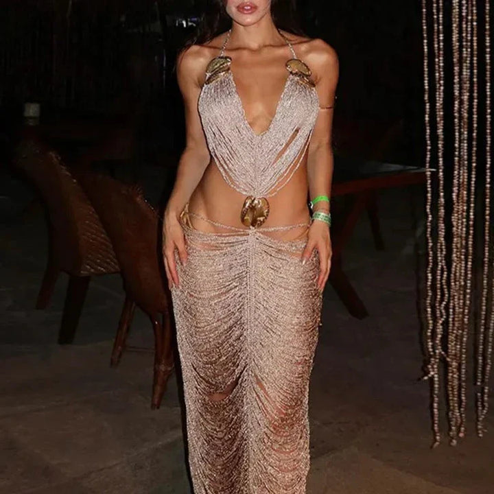 Levoire | Franges Bretelles Spaghetti Déclaration Robe Maxi Khaki