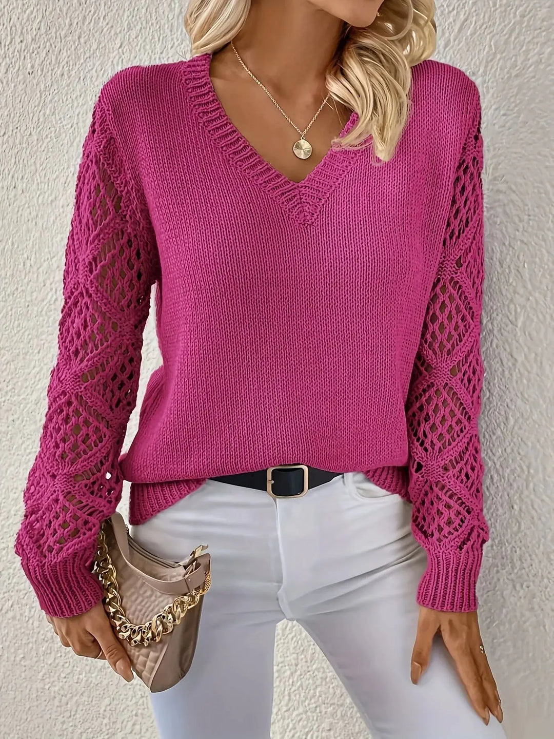 Levoire | Pull Decontracte En Maille Avec Col En V, Confortable Et Polyvalent Fuchsia