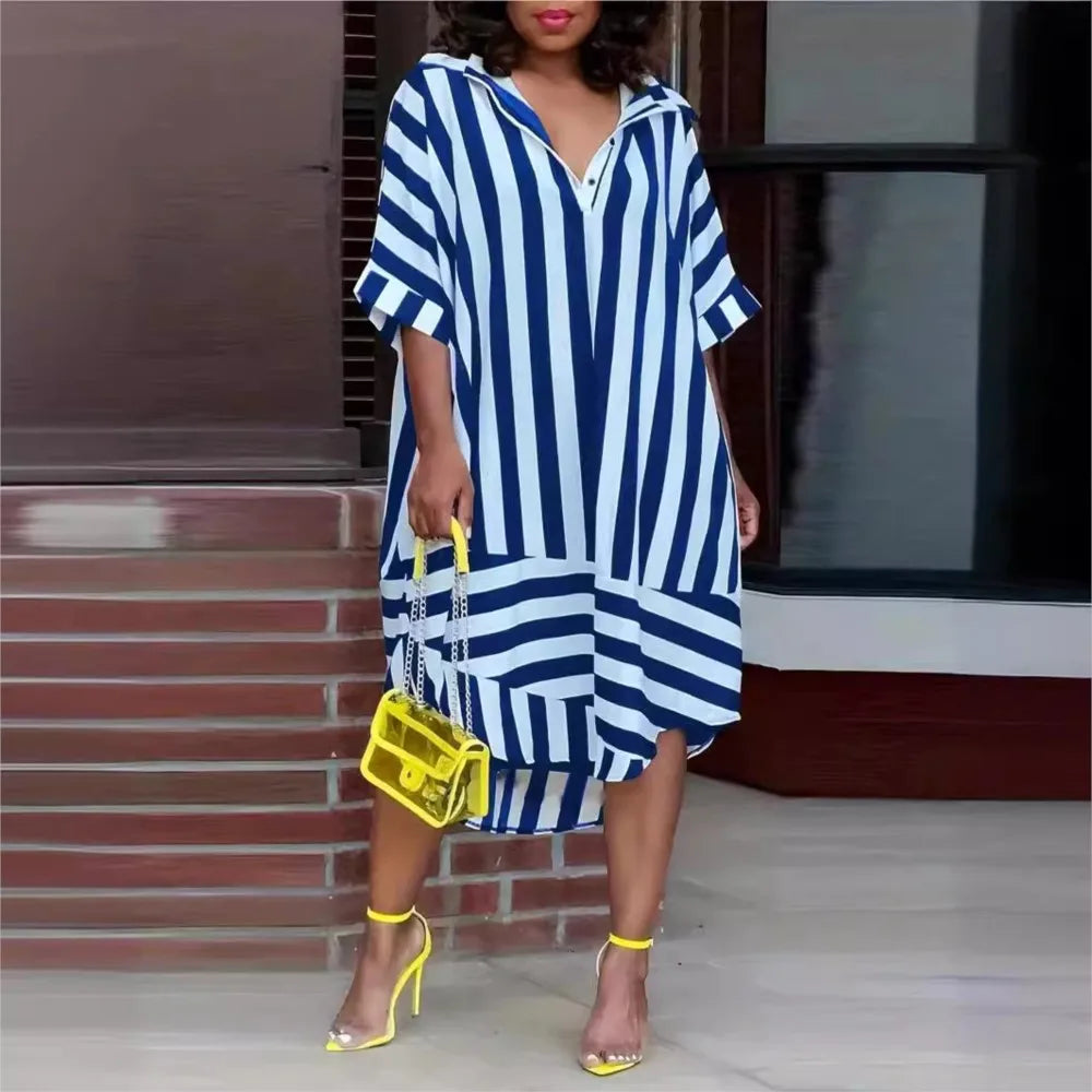 Levoire | Robe Chemise Ete Manches Courtes, Rayee, Coupe Ample, Femme Bleu