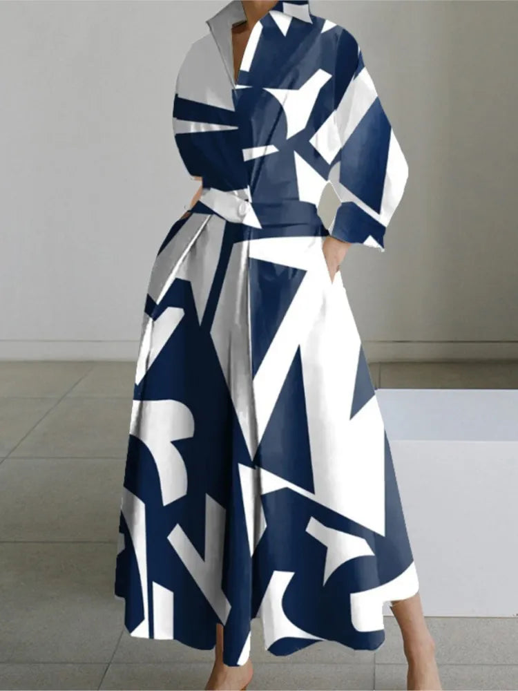 Levoire | Robe Chemise Longue Manches Longues, Imprime Abstrait, Femme Bleu