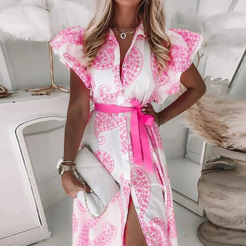 Levoire | Mode Volant Manche Courte V-Cou Liste De Boutons Jupe Midi Rosa