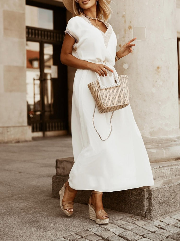 Levoire | Taille Été Midi Robe Slim Hollow Out Robe De Fête Décontracté Coupe Lâche Blanc(Long)