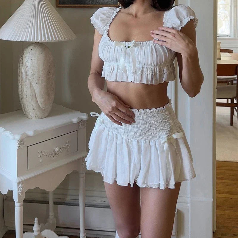 Levoire | Y2K Nœud Et Fronce Crop Top Mini Jupe Cordon Set Pour Un Look Mignon Beige