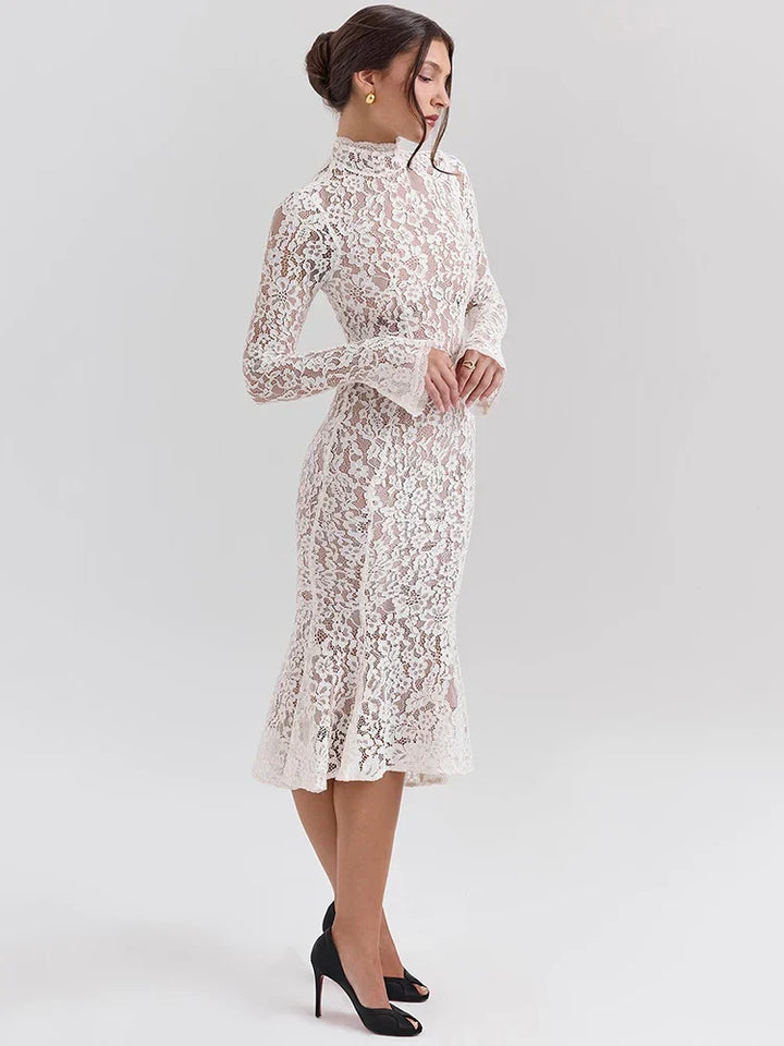 Levoire | Robe Midi Élégante En Dentelle Avec Col Montant